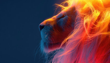 Profile of a majestic lion&#39;s head, mane ablaze with neon-like orange and blue lightsの素材