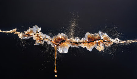 Horizontal image of cracked, crystal-like structure against black background, with golden dust and dripsの素材