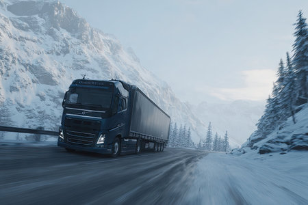 A semi-truck navigates a snowy mountain road, surrounded by fir trees and peaksの素材