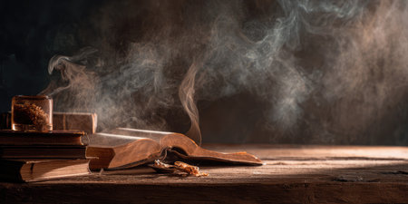 An open antique book rests on a wood surface amid smoke and other booksの素材