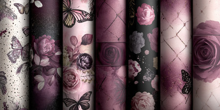 An assortment of floral and butterfly patterns in shades of purple and pink, presented in vertical rollsの素材