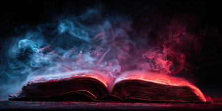 An open, aged book glows with red and blue light, emitting mystical smoke against a black backdropの素材