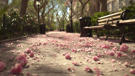 Park path covered in pink flower petals; trees, benches, and streetlights line the sidesの素材