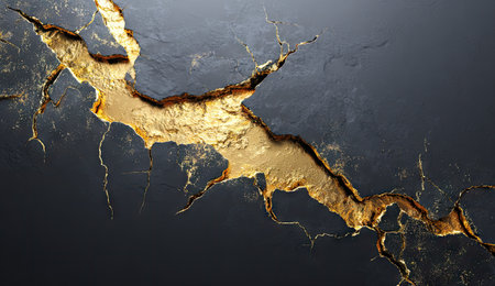 Dark surface, cracked and filled with golden substance. Intricate textures and high contrastの素材