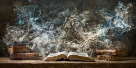 Stacked aged books surrounded by ethereal smoke, open book center, on wooden surfaceの素材