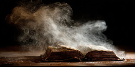 An aged book, open and emitting ethereal wisps of vapor against a dark backgroundの素材