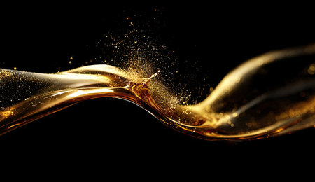 Golden fluid splash curves across a black background, with particles and motionの素材