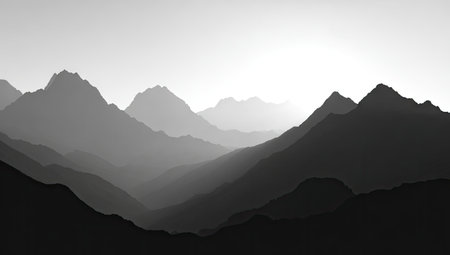 A monochrome depiction of layered mountain ranges, gradually fading into the bright skyの素材