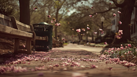 Path lined with trees, bench, and trash can as pink petals drift downの素材