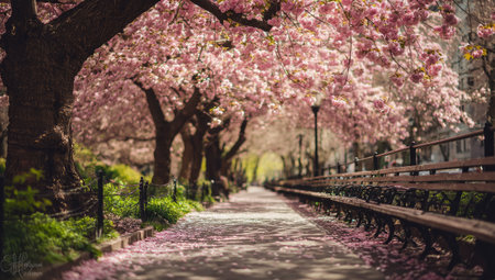 A pathway beneath a canopy of pink blooms, lined with benches and lamppostsの素材