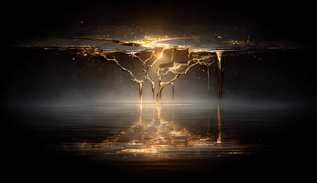 Golden, cracked structure dripping into a reflective pool, dark background, dramatic lightingの素材
