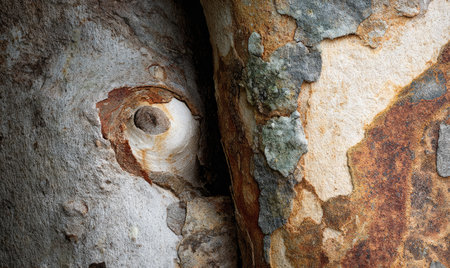 Close-up of tree bark, showing a hollow section, textures, and colorsの素材