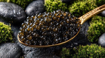 Close-up of a golden spoon brimming with black caviar, nestled among moss and dark stonesの素材