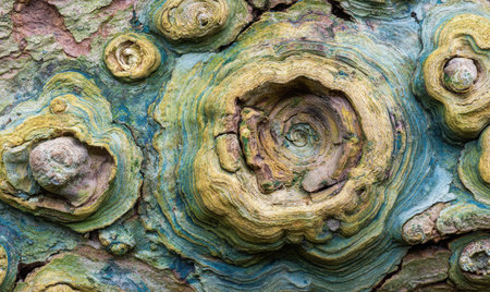 Close-up reveals textured tree bark with unique growth patterns and layered colorsの素材
