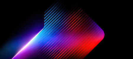 A dynamic abstract design showcasing vibrant neon gradients and diagonal parallel lines against blackの素材