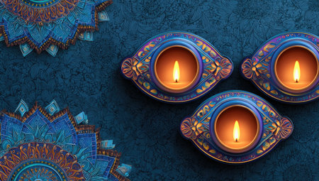Three lit candle holders with ornate blue and gold details, with decorative mandala elementsの素材