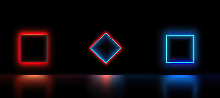 Three glowing geometric shapes on a dark background with reflections square, diamond, and squareの素材