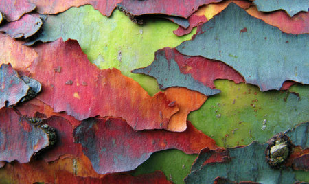 Close-up of a tree&#39;s peeling bark with vibrant colors, offering texture and natural patternsの素材