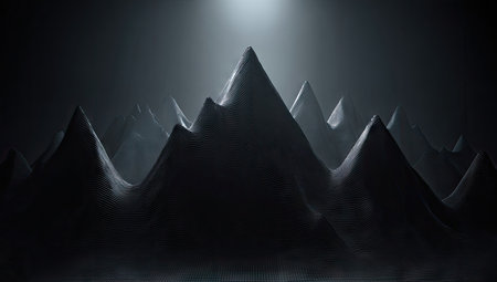 Jagged peaks rise from darkness, illuminated by a distant light. Moody, abstract landscapeの素材