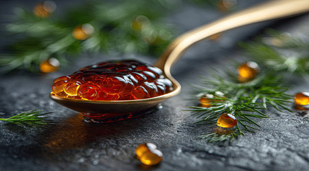 A spoonful of translucent, amber-colored spheres sits upon a gold spoon, alongside green herbsの素材