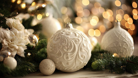 Close-up shot of holiday ornaments amidst greenery, warm bokeh backgroundの素材