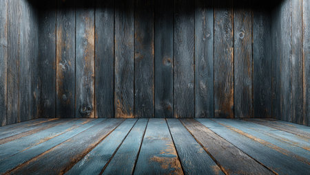 A blue-toned wooden box with vertical planks as walls and horizontal planks as the floorの素材