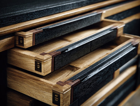 Close-up of a wooden chest of drawers with open compartments and contrasting texturesの素材