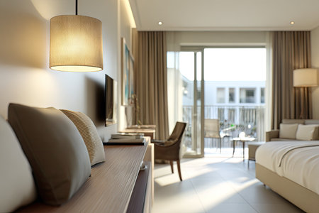 Cozy hotel room with soft lighting, bed, sofa, balcony, and various texturesの素材