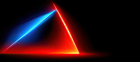 A luminous triangle glows with vibrant red and blue edges against a deep black backdropの素材