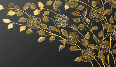 Golden floral design with roses and leaves on a dark background, creating an elegant aestheticの素材