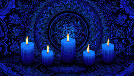 Five blue candles in front of a detailed mandala pattern, illuminated, in a dark spaceの素材