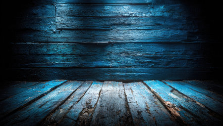Dark, moody interior. Blue wooden floor and wall; light accentuates the topの素材