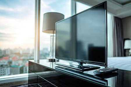A room with a large TV, lamp, and a city view through a windowの素材