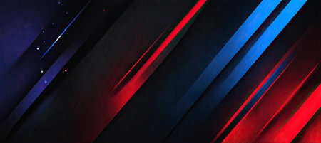 Abstract graphic with layered dark shapes, red and blue highlights, and subtle light streaksの素材