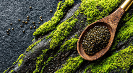 Dark caviar in wooden spoon on mossy stone surface. Luxurious, close-up shot, gourmet foodの素材
