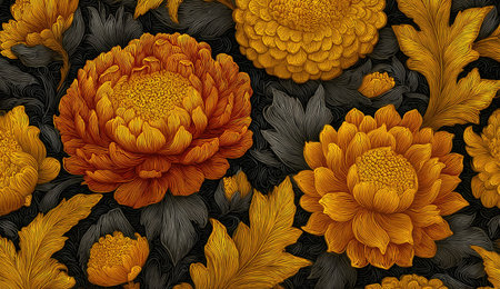 Close-up of ornate flowers in shades of orange and gold against a dark, stylized backgroundの素材