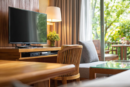 Cozy room with TV, desk, and chair, looking out to a lush green patio and greeneryの素材