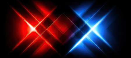 Abstract composition featuring intersecting lines of red and blue light against a black backgroundの素材