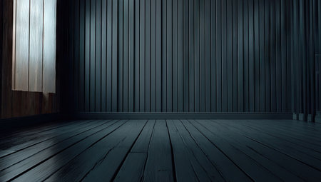 Empty interior with wooden floor, vertical panel wall, and a window with curtainsの素材