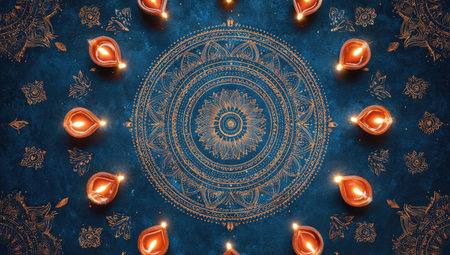Lit oil lamps circle a detailed golden mandala on a blue background, festive glowの素材