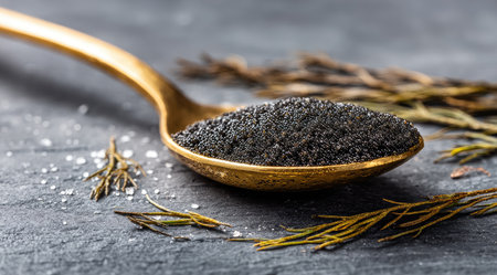 Close-up of a golden spoon holding dark granules, rosemary on a dark textured surfaceの素材