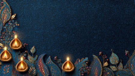 A blue textured background with glowing oil lamps and ornate floral designsの素材