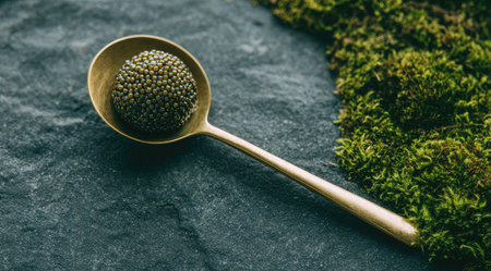 A golden spoon holds black caviar, set on slate with a patch of moss on the sideの素材