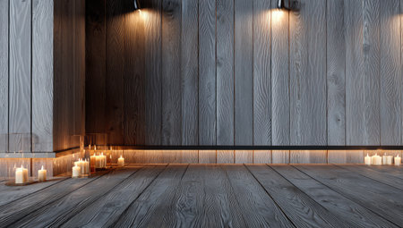 Wooden room with soft lighting from spotlights and candles, creating a warm, inviting ambianceの素材