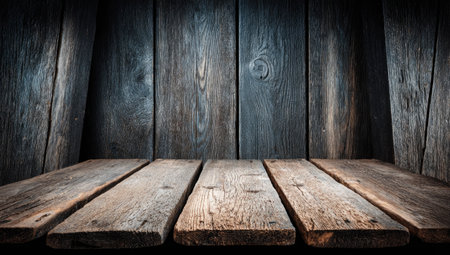 Rustic wooden shelf and background, dark and textured, with spotlight effectの素材