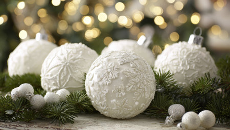 Close-up of white, patterned ornaments on evergreen boughs, festive backdrop lightsの素材