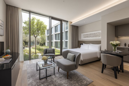 Modern hotel room with a large window, open-plan design, and contemporary furnishingsの素材