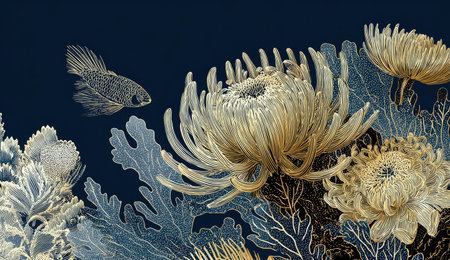 Intricate gold-lined flora and fauna, a fish swims near floral, coral details on navyの素材
