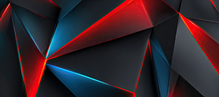 A geometric design of grey, black, red, and blue triangles with glowing edgesの素材