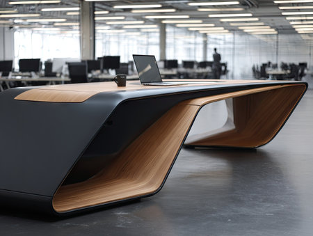 Modern office workspace showcasing a uniquely designed wooden desk with black accentsの素材